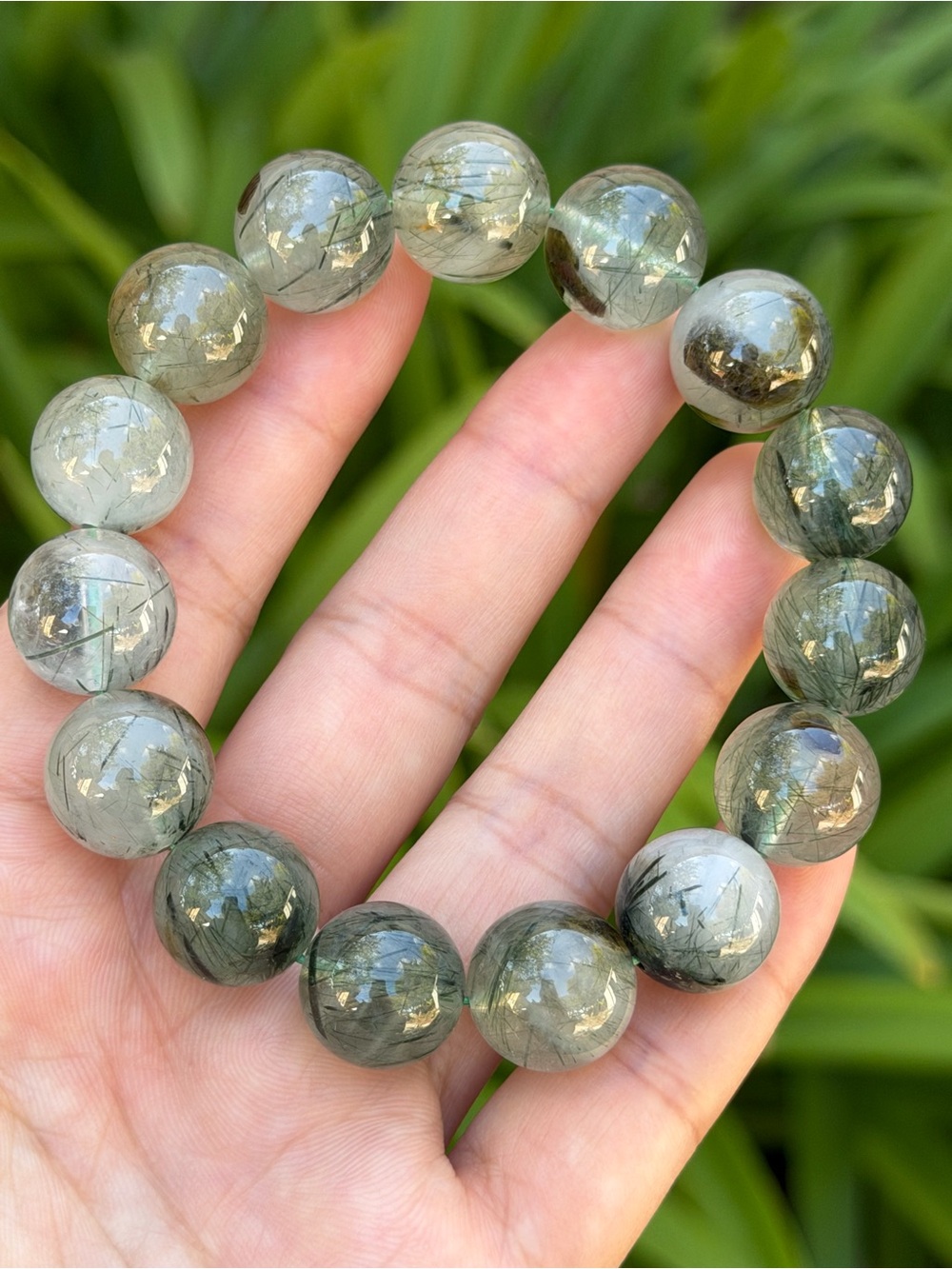 14.5mm stretchable green rutilated quartz prehnite bracelet 1789